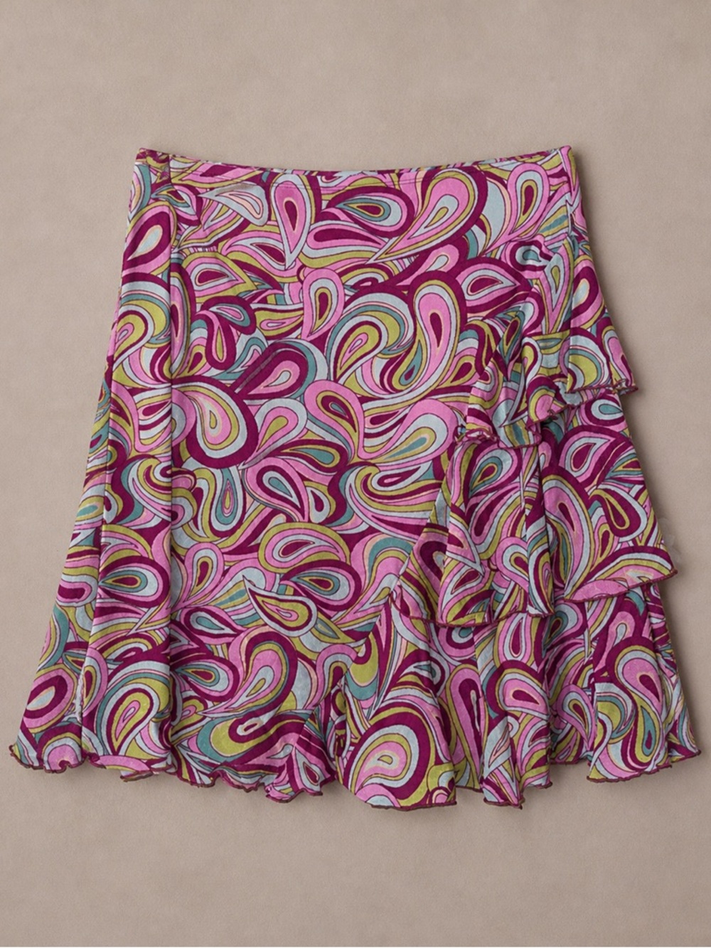 Bisou Bisou Abstract Swirl Print Ruffle Mini Skirt Y2K Retro Size M